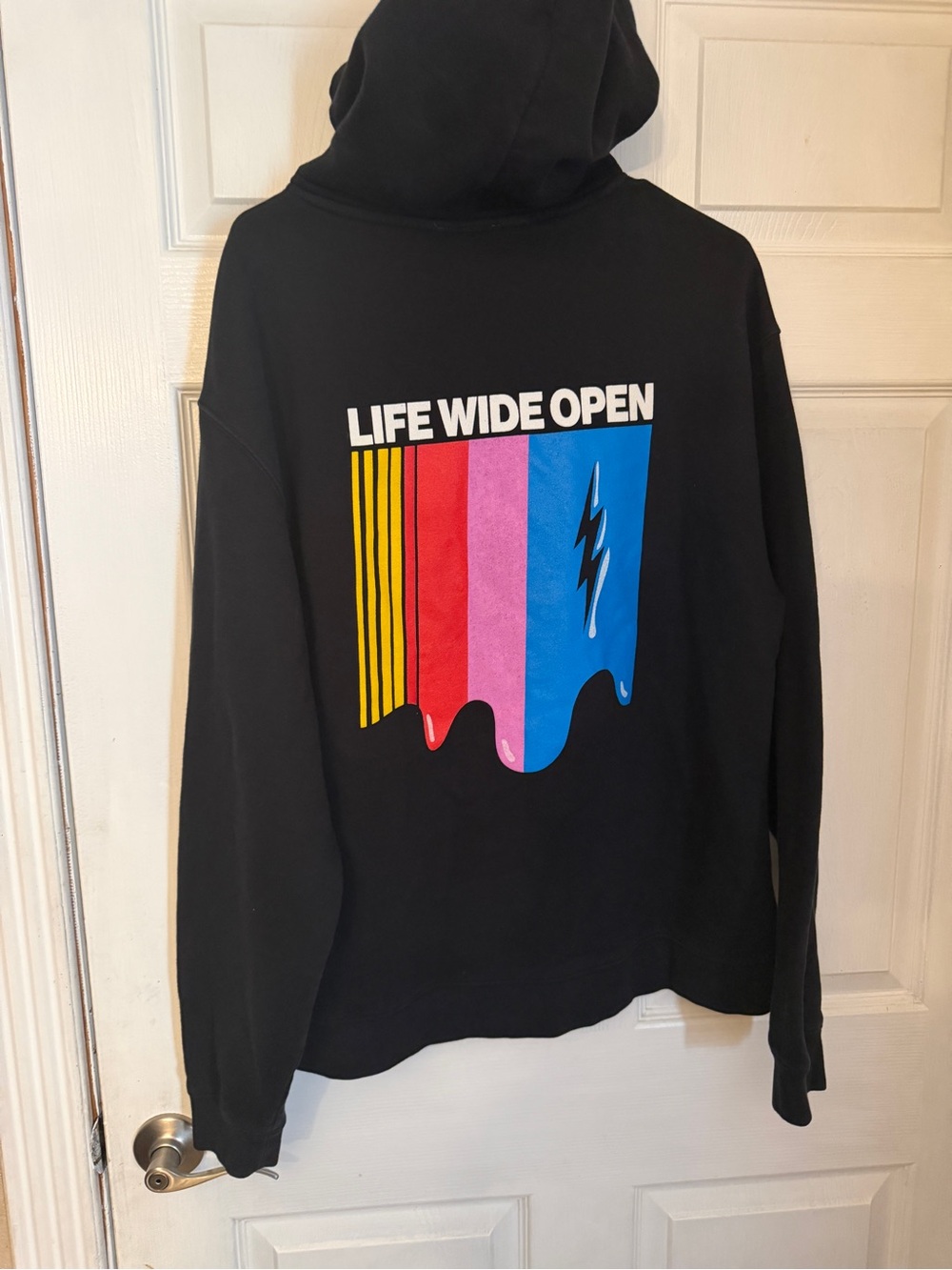 Black Hoodie with Colorful 'Life Wide Open' Back Graphic